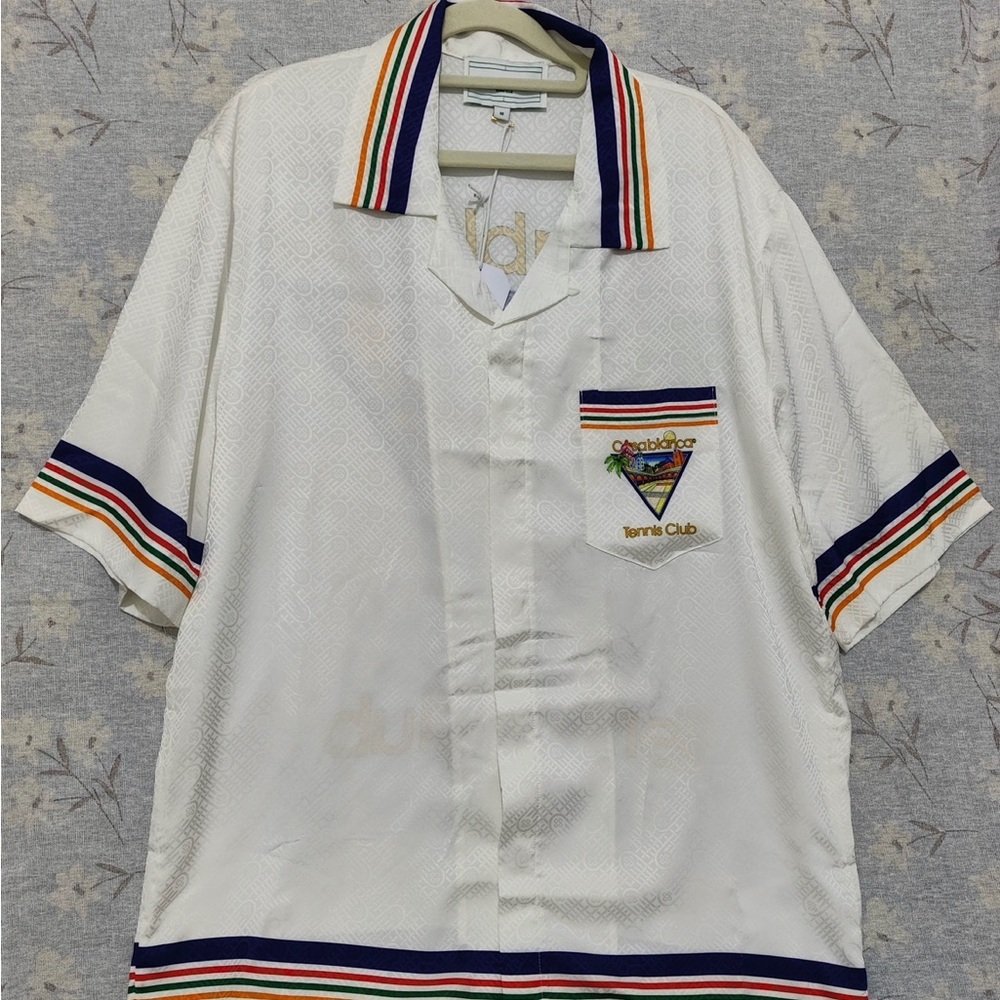 Men's White Tennis Club Polo with Multicolor Stripe Trim